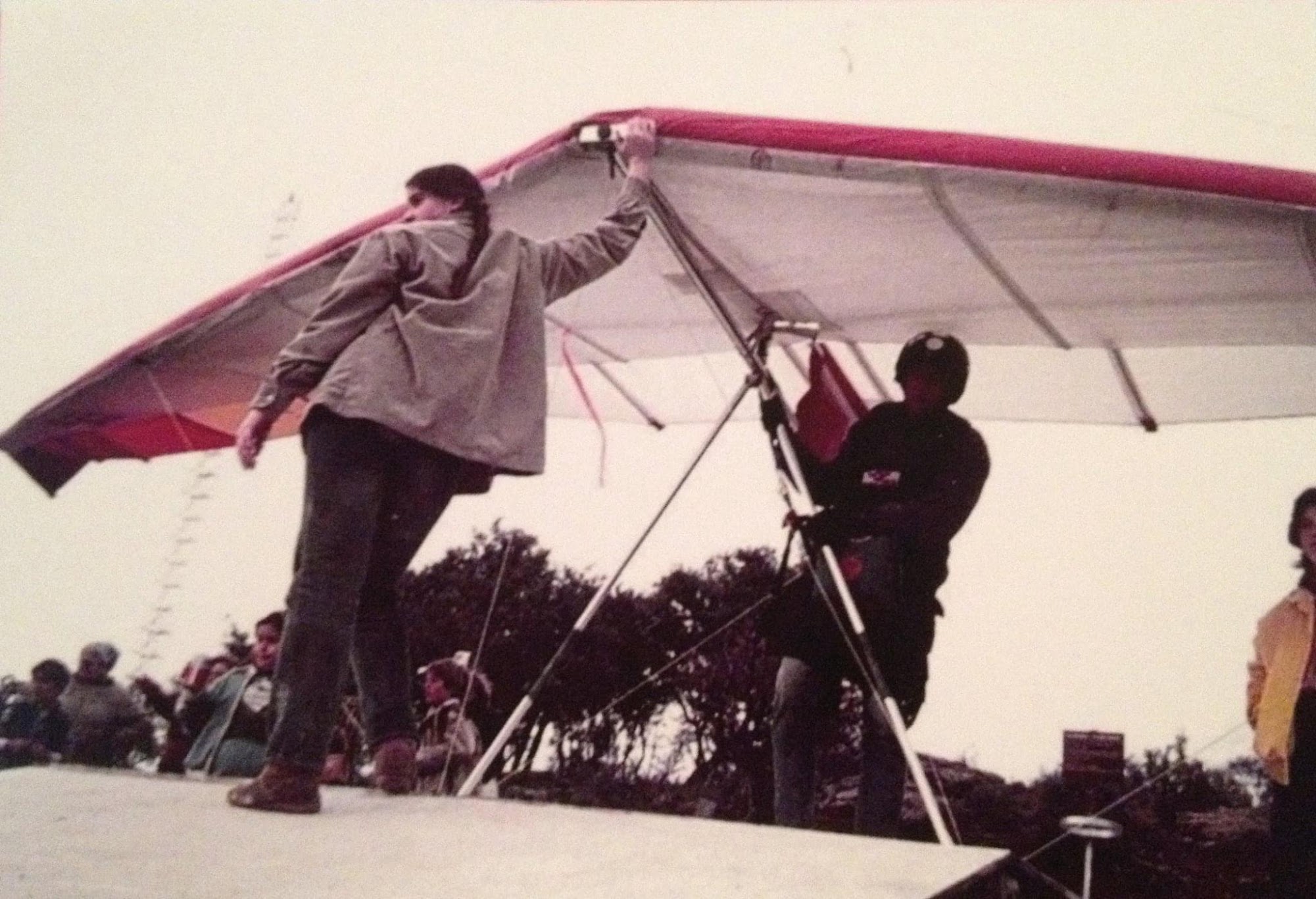 My big sister waiting to launch my father of Packsaddle Mountain a long time ago.